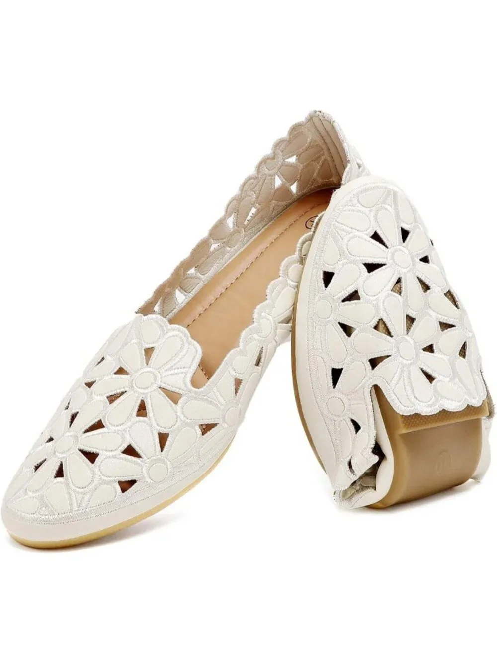 Women's Beige PU leather With Cute Floral Ballet Flats Round Toe Slip On Shoes